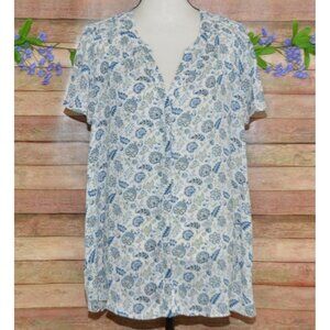 Rose + Olive Womens 1X Blue Floral Button Up Blouse Top Smocked Flutter Sleeve
